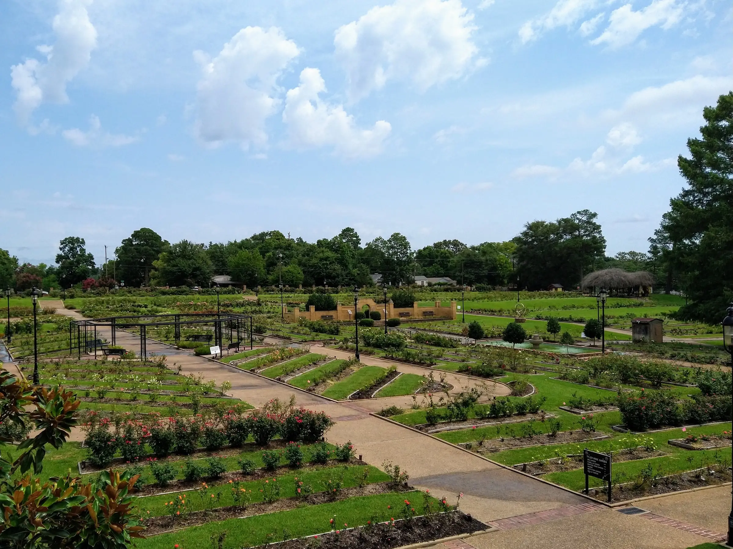 Seen from a height, long rectangular rose beds divided by lawn and walks run toward a line of trees under a blue sky with white clouds.