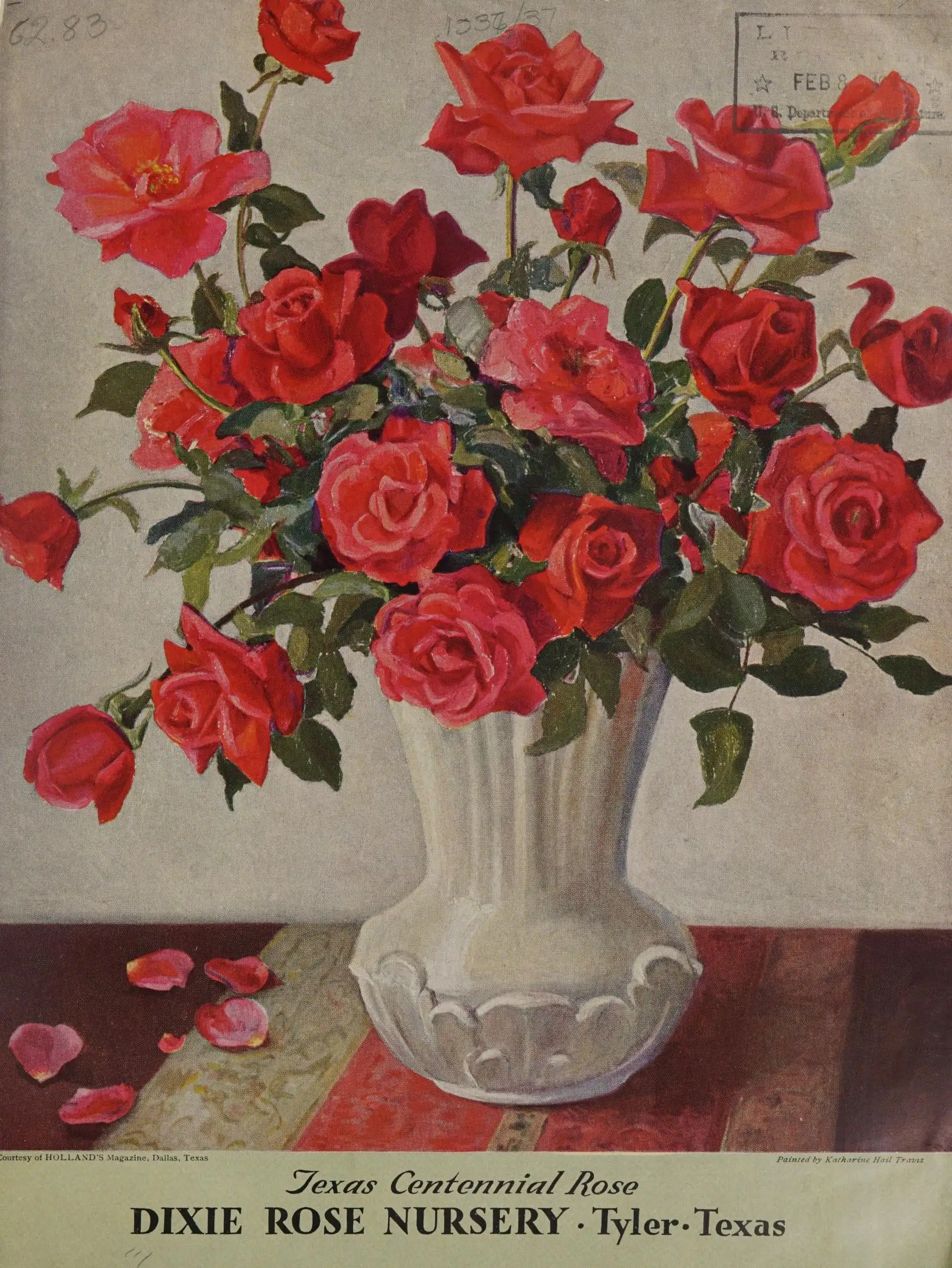 A painted still life of red and coral-pink roses in a white fluted vase on a red cloth, with fallen petals on the table. Printed beneath: Texas Centennial Rose, Dixie Rose Nursery, Tyler, Texas. A library date stamp at the upper right.